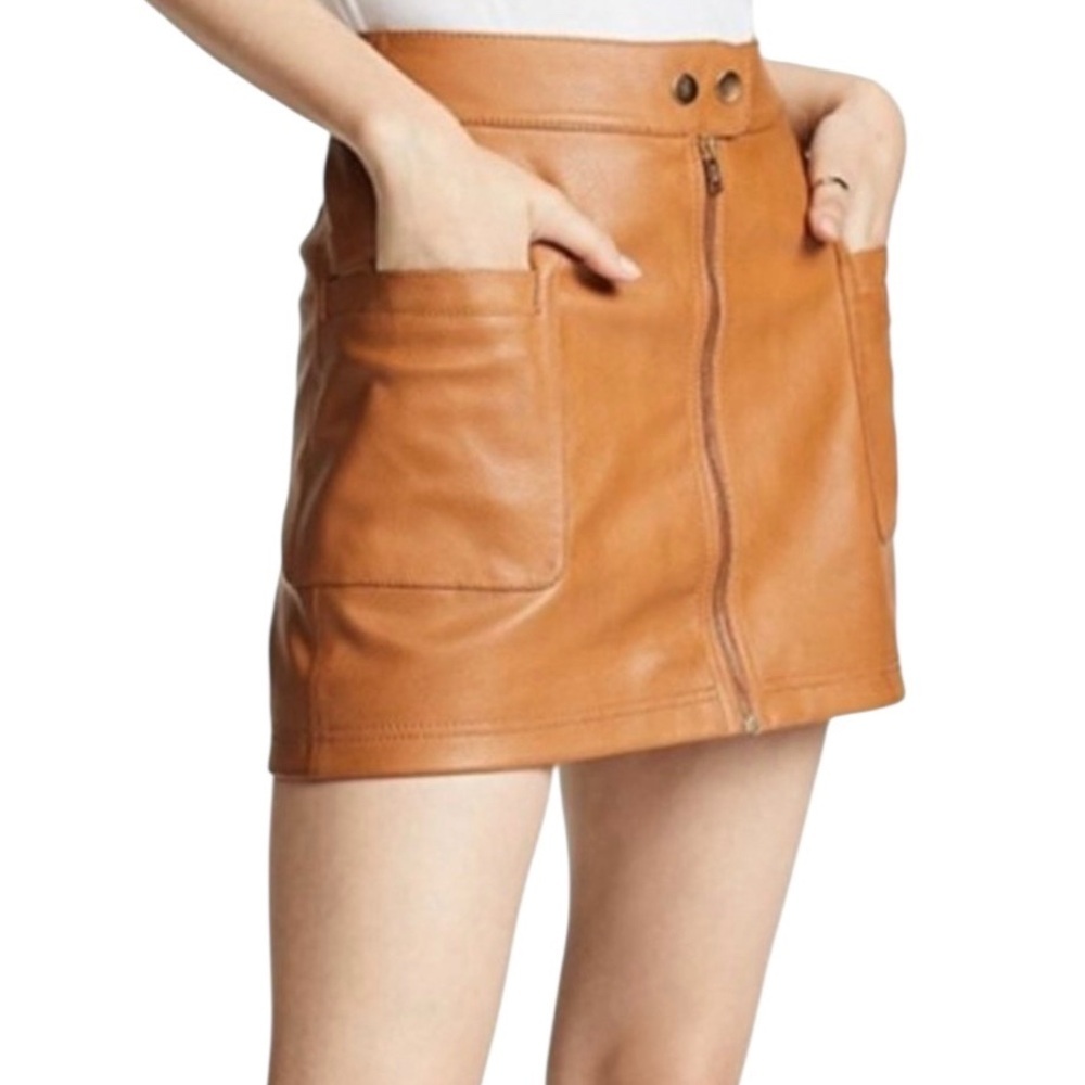 Free People ~ Women’s Copper Faux Leather Zip-Up A-Line Mini Skirt ~ Size 2 - Picture 2 of 10